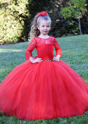 Long Sleeves Red Lace Tulle Floor Length Flower Girl Dress